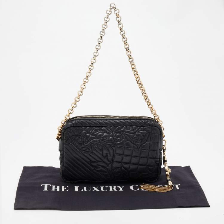 Pre Owned Versace Black Leather Barocco Vanitas Zip Shoulder Bag