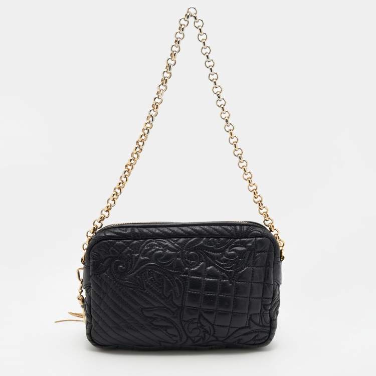 Pre Owned Versace Black Leather Barocco Vanitas Zip Shoulder Bag