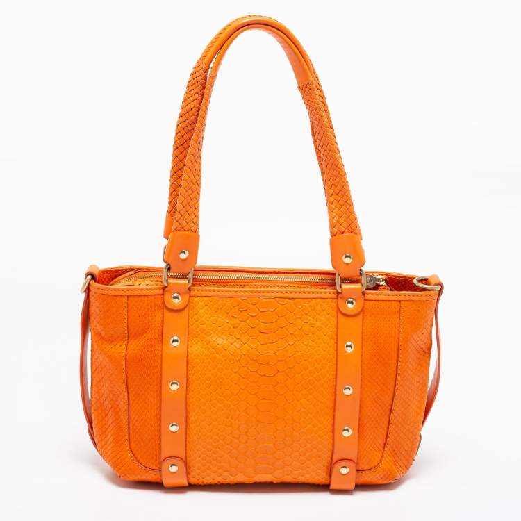 Pre Owned Versace Orange Python and Leather Front Pocket Hobo