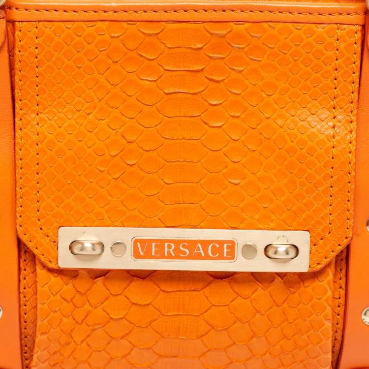 Pre Owned Versace Orange Python and Leather Front Pocket Hobo