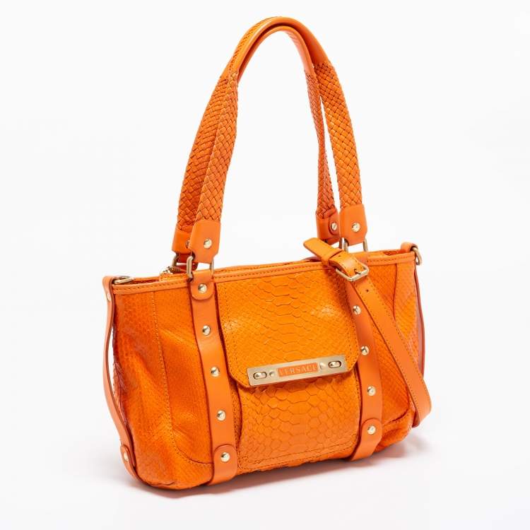 Pre Owned Versace Orange Python and Leather Front Pocket Hobo