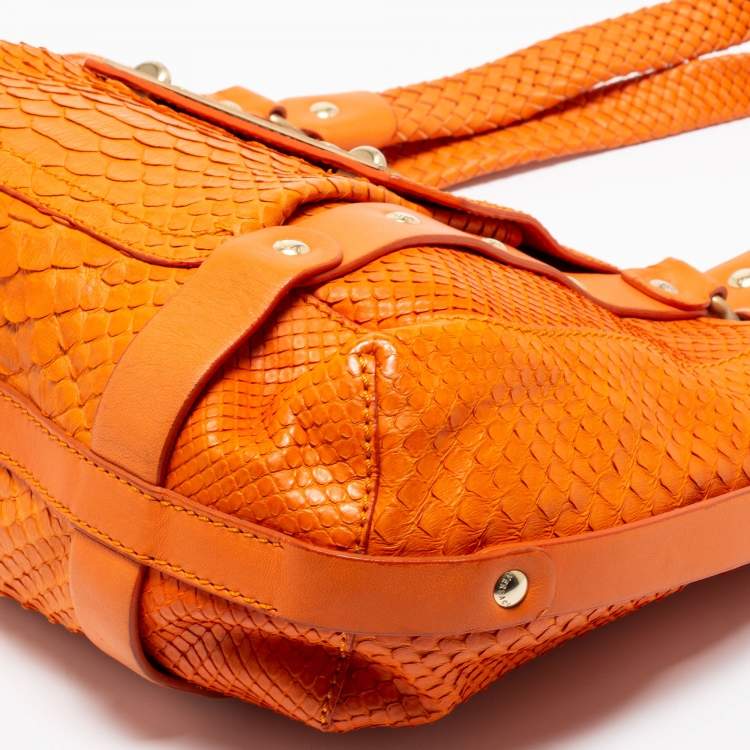 Pre Owned Versace Orange Python and Leather Front Pocket Hobo
