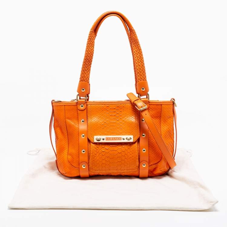 Pre Owned Versace Orange Python and Leather Front Pocket Hobo