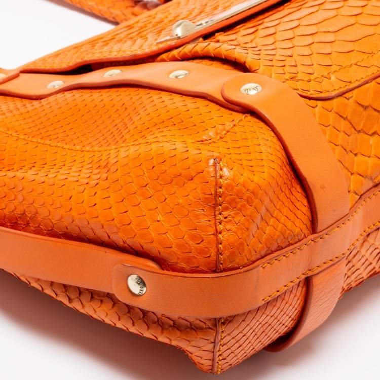 Pre Owned Versace Orange Python and Leather Front Pocket Hobo