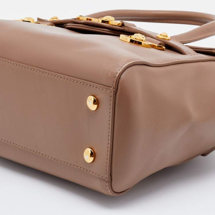 Pre Owned Versace Dark Beige Leather Small Medusa Medallion Tote