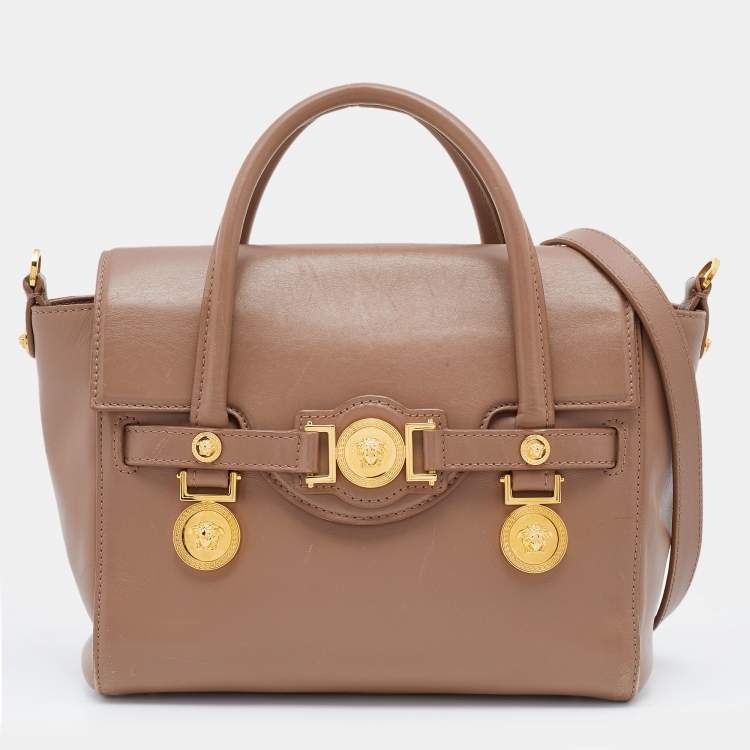 Pre Owned Versace Dark Beige Leather Small Medusa Medallion Tote