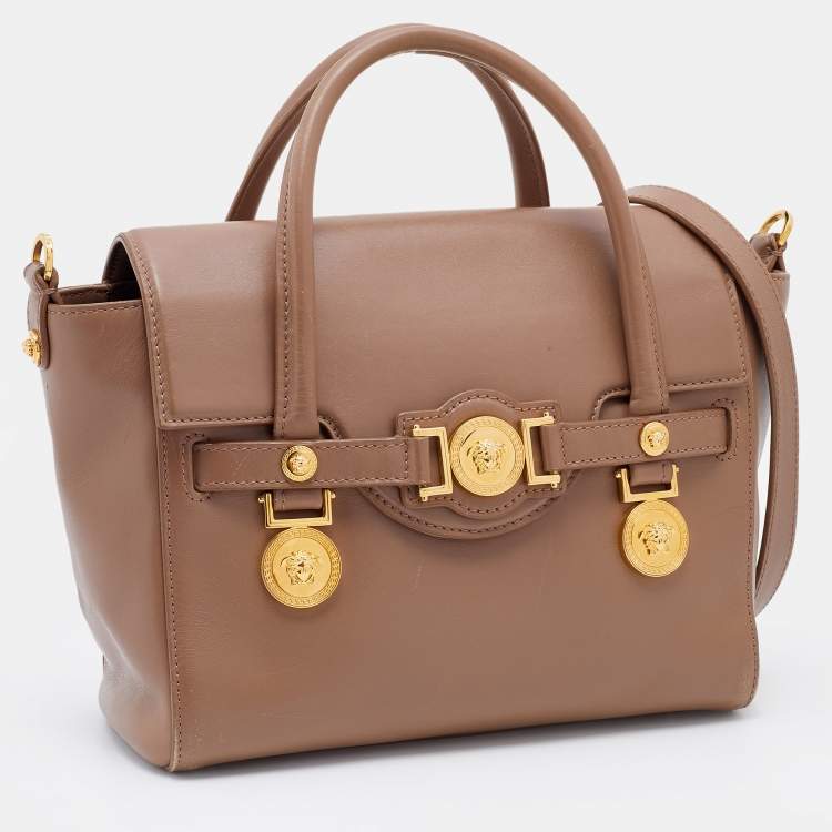 Pre Owned Versace Dark Beige Leather Small Medusa Medallion Tote