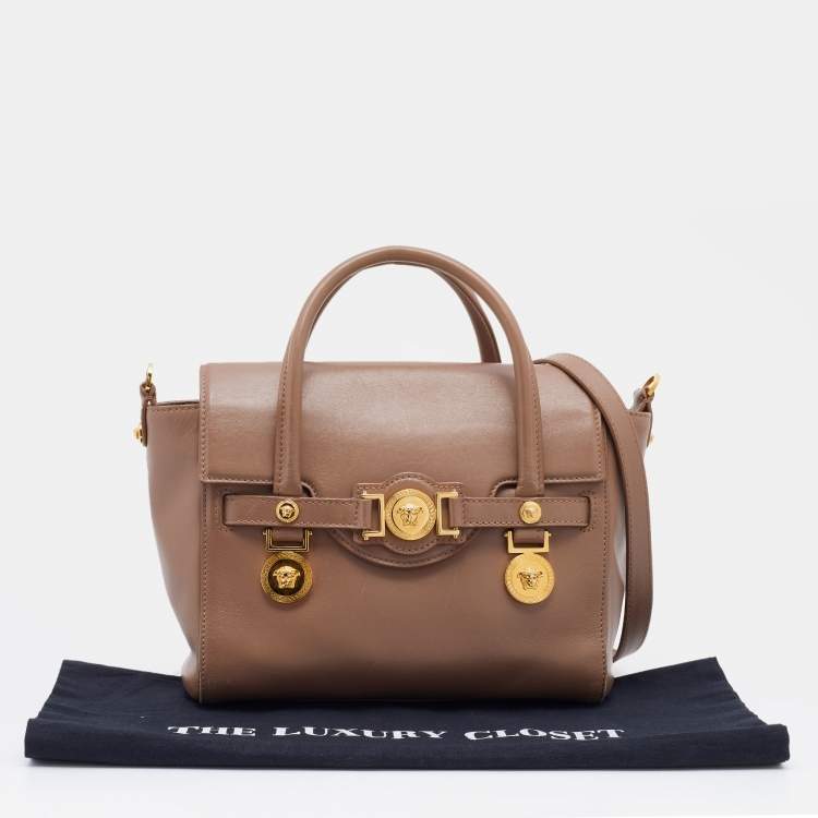 Pre Owned Versace Dark Beige Leather Small Medusa Medallion Tote