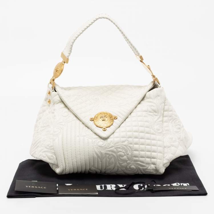 Pre Owned Versace White Quilted Leather Embroidered Barocco Shoulder Bag