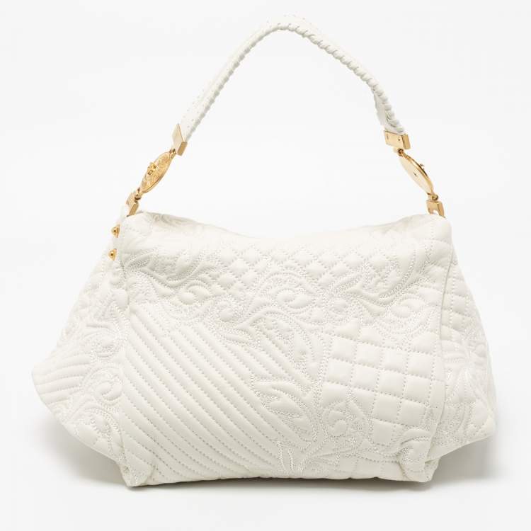 Pre Owned Versace White Quilted Leather Embroidered Barocco Shoulder Bag