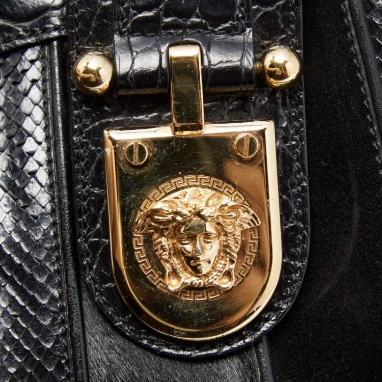 Pre Owned Versace Black Croc, Snakeskin, Calfhair and Suede Tassel Satchel