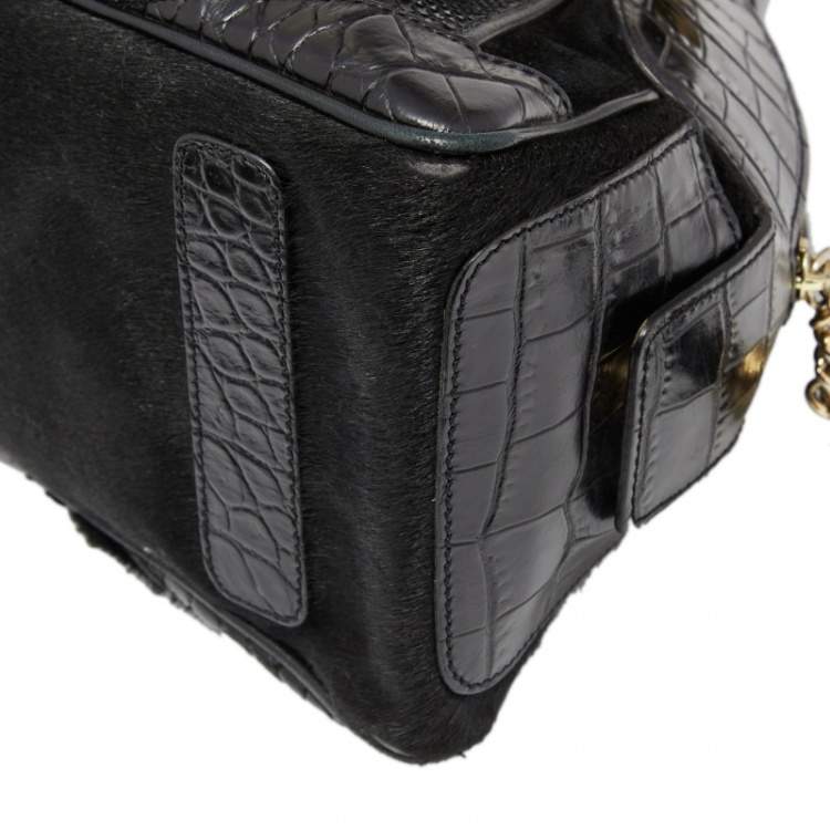 Pre Owned Versace Black Croc, Snakeskin, Calfhair and Suede Tassel Satchel
