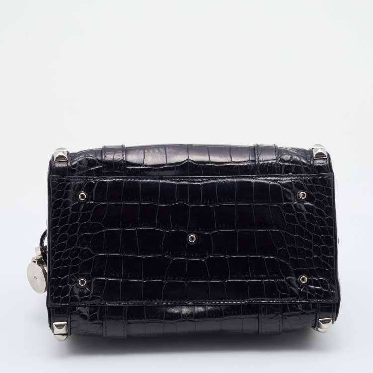 Pre Owned Versace Metallic Black Croc Embossed Leather Studded Satchel