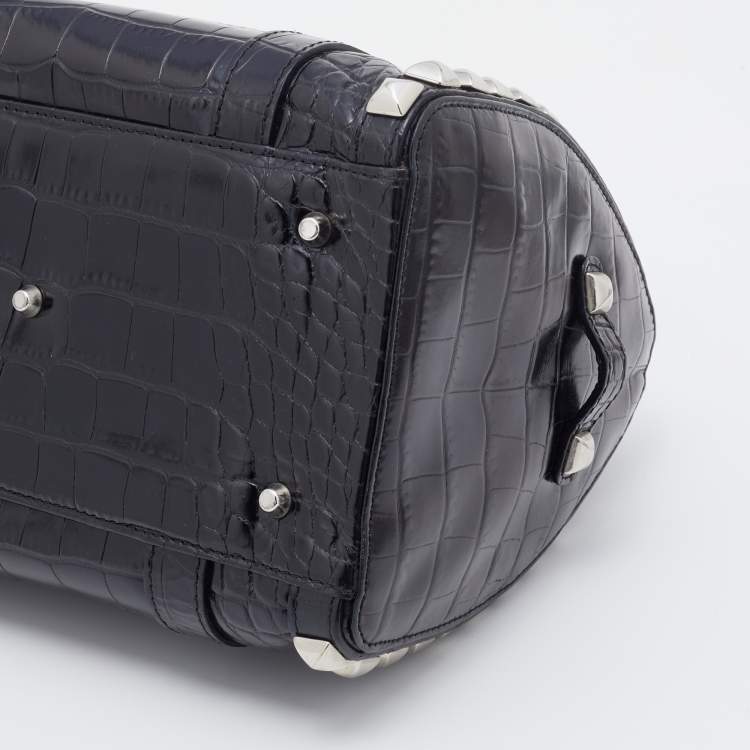 Pre Owned Versace Metallic Black Croc Embossed Leather Studded Satchel