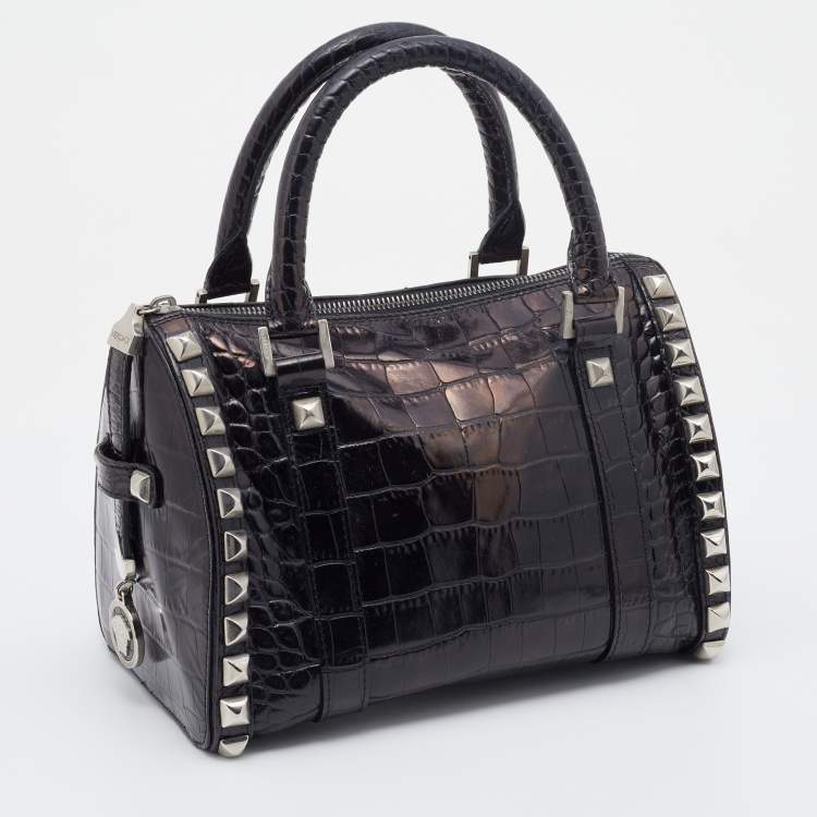 Pre Owned Versace Metallic Black Croc Embossed Leather Studded Satchel