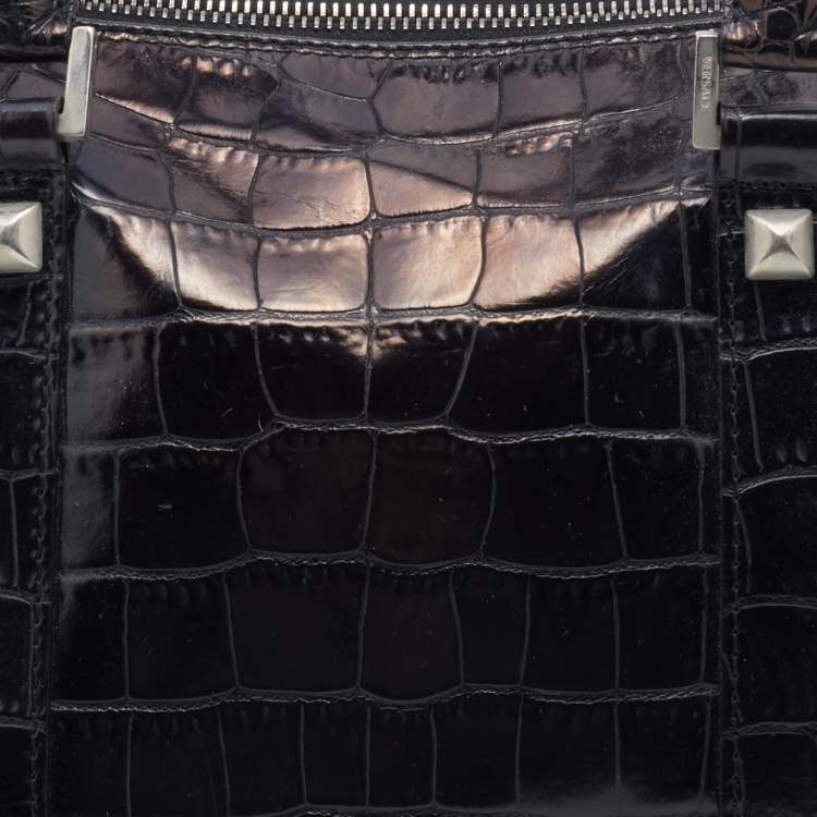Pre Owned Versace Metallic Black Croc Embossed Leather Studded Satchel