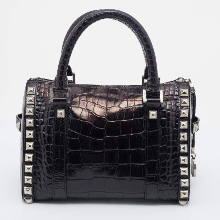 Pre Owned Versace Metallic Black Croc Embossed Leather Studded Satchel