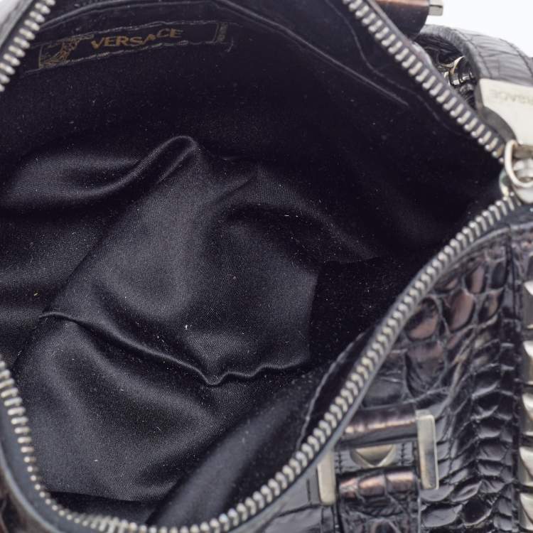 Pre Owned Versace Metallic Black Croc Embossed Leather Studded Satchel