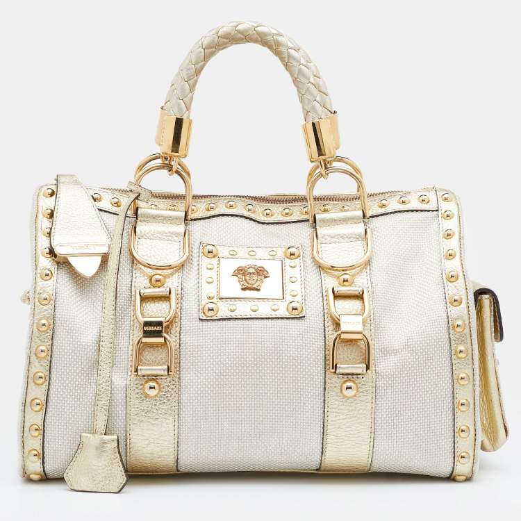Pre Owned Versace Metallic Gold Leather And Fabric Studded Madonna Satchel
