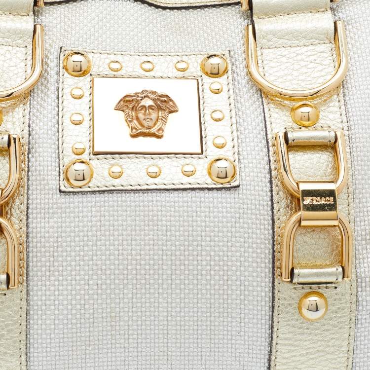 Pre Owned Versace Metallic Gold Leather And Fabric Studded Madonna Satchel