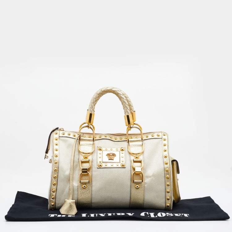 Pre Owned Versace Metallic Gold Leather And Fabric Studded Madonna Satchel