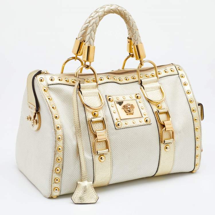 Pre Owned Versace Metallic Gold Leather And Fabric Studded Madonna Satchel