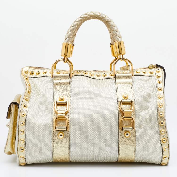 Pre Owned Versace Metallic Gold Leather And Fabric Studded Madonna Satchel