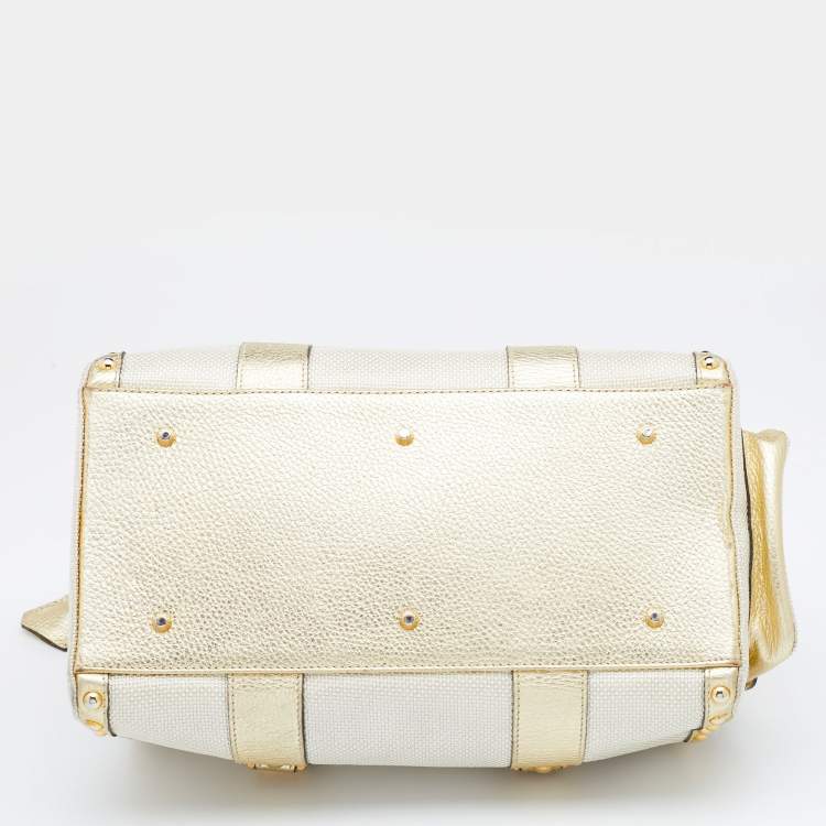 Pre Owned Versace Metallic Gold Leather And Fabric Studded Madonna Satchel