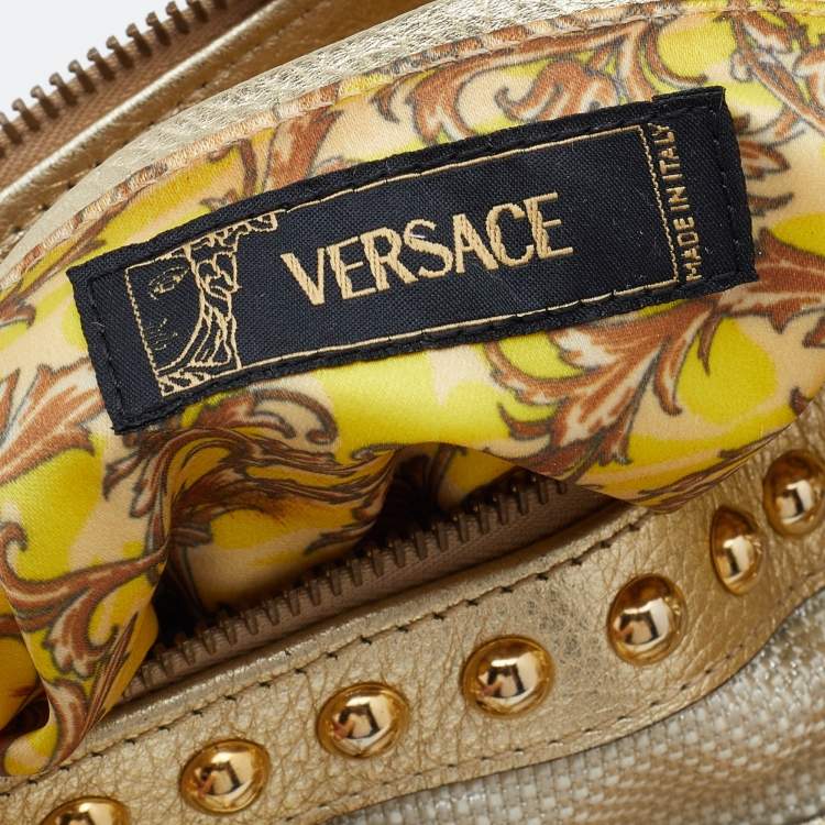 Pre Owned Versace Metallic Gold Leather And Fabric Studded Madonna Satchel