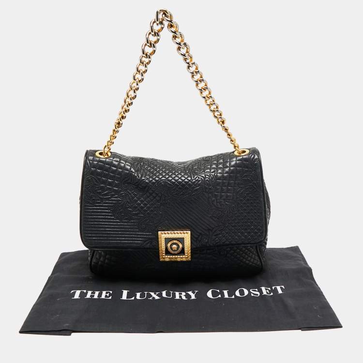 Pre Owned Versace Black Barocco Leather Flap Shoulder Bag