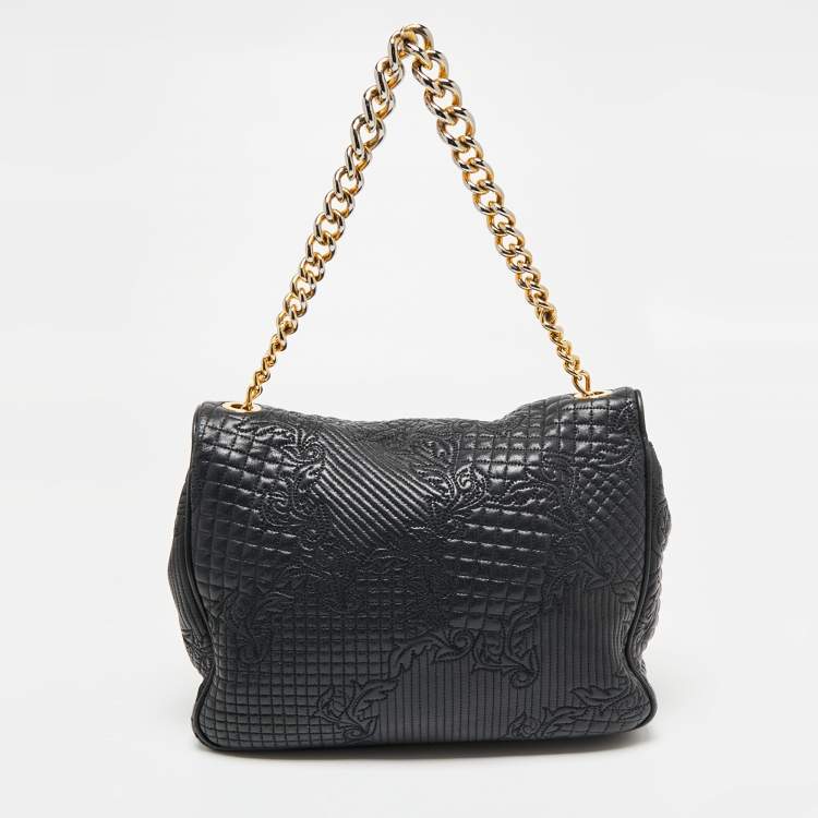 Pre Owned Versace Black Barocco Leather Flap Shoulder Bag