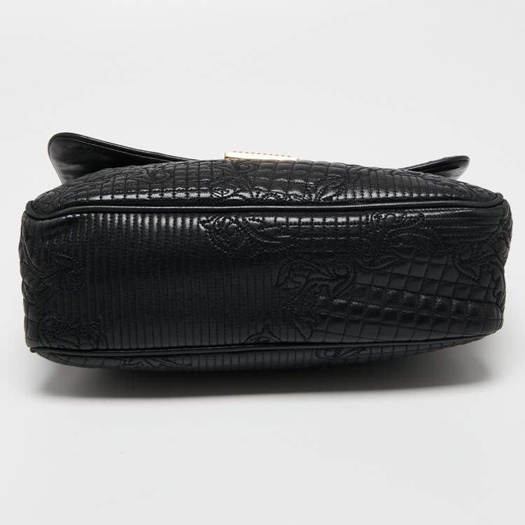 Pre Owned Versace Black Barocco Leather Flap Shoulder Bag