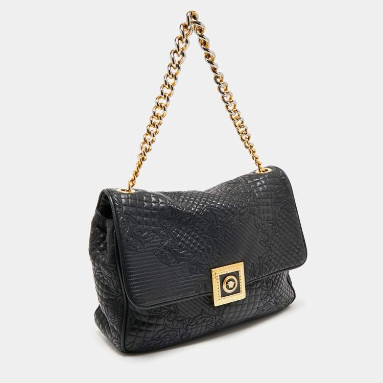 Pre Owned Versace Black Barocco Leather Flap Shoulder Bag