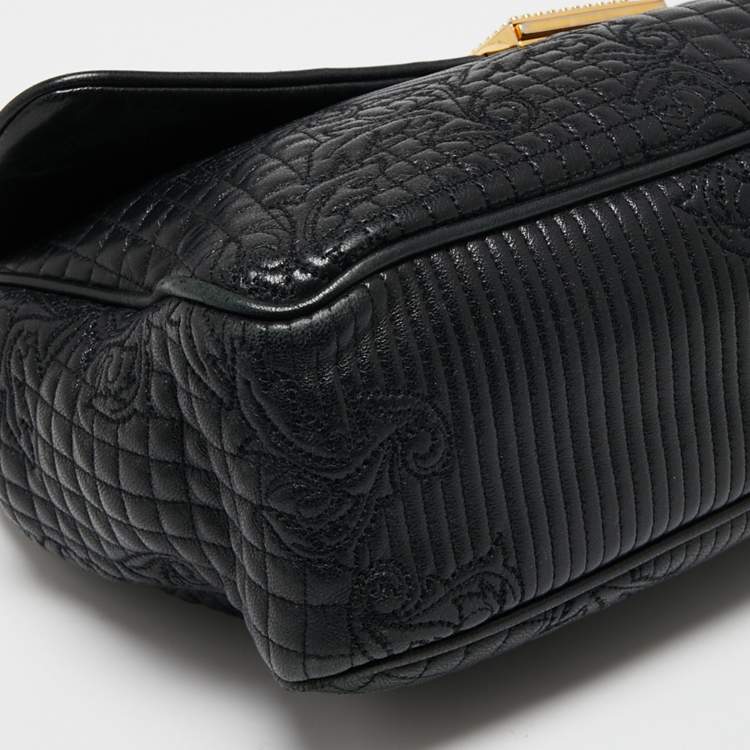 Pre Owned Versace Black Barocco Leather Flap Shoulder Bag