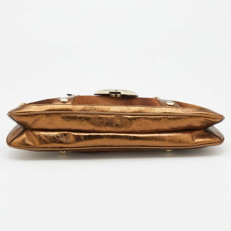 Pre Owned Versace Bronze Leather Trimmed and Calfhair Chain Shoulder Bag