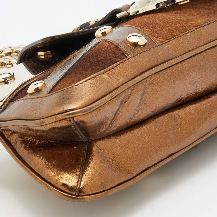 Pre Owned Versace Bronze Leather Trimmed and Calfhair Chain Shoulder Bag