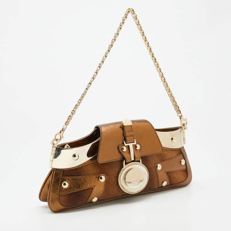 Pre Owned Versace Bronze Leather Trimmed and Calfhair Chain Shoulder Bag
