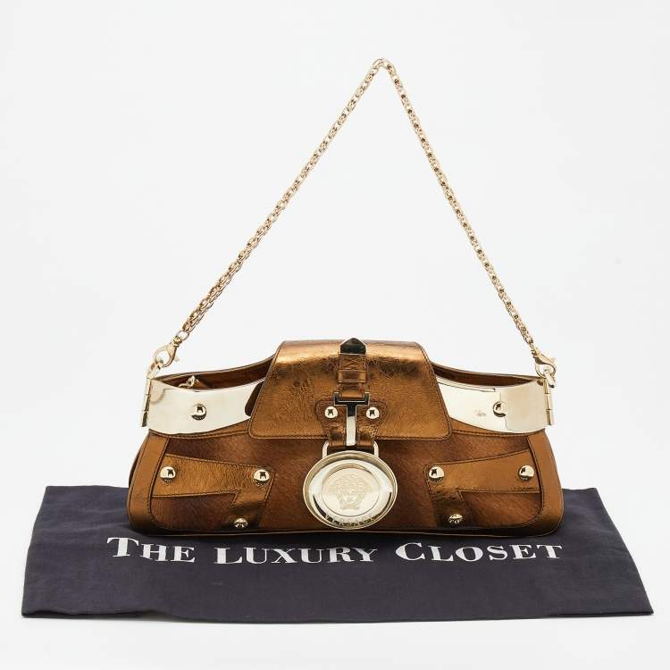 Pre Owned Versace Bronze Leather Trimmed and Calfhair Chain Shoulder Bag