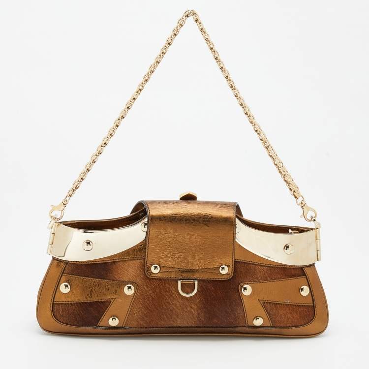 Pre Owned Versace Bronze Leather Trimmed and Calfhair Chain Shoulder Bag