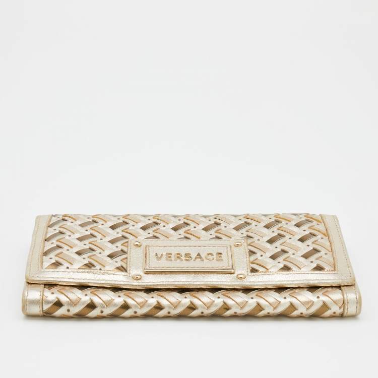 Pre Owned Versace Metallic Gold Woven Leather Flap Wallet On Chain
