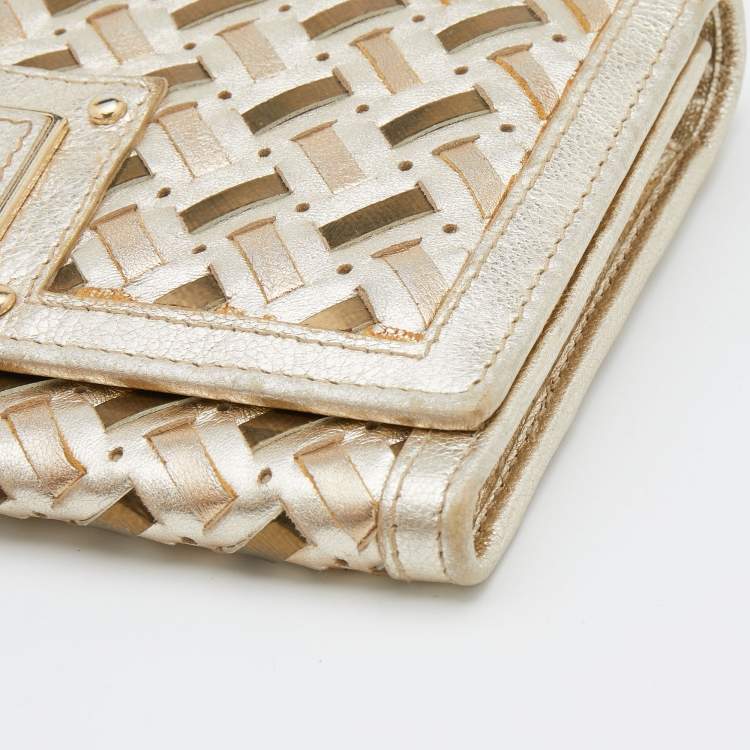 Pre Owned Versace Metallic Gold Woven Leather Flap Wallet On Chain