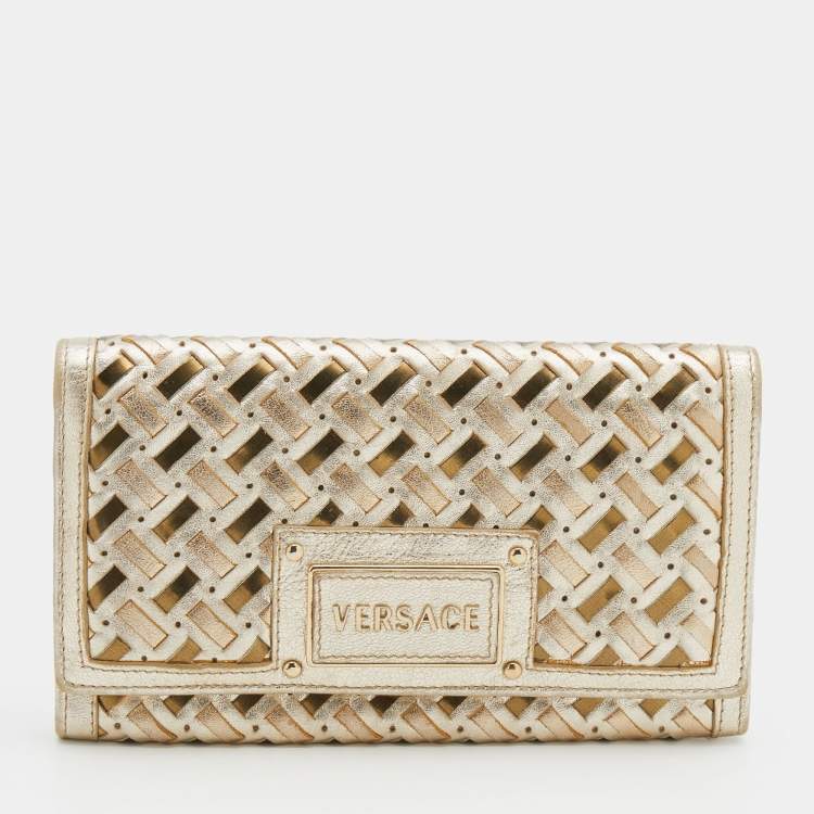 Pre Owned Versace Metallic Gold Woven Leather Flap Wallet On Chain