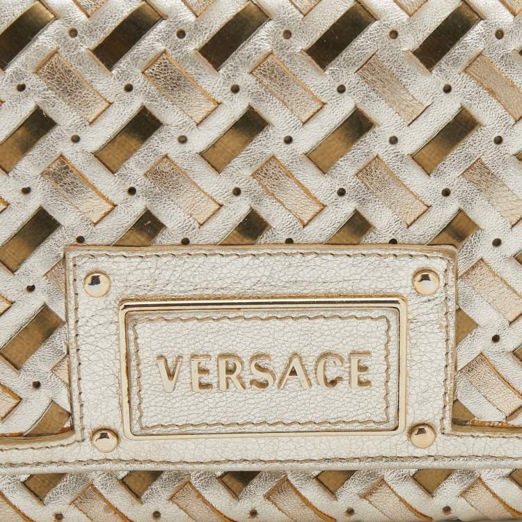 Pre Owned Versace Metallic Gold Woven Leather Flap Wallet On Chain