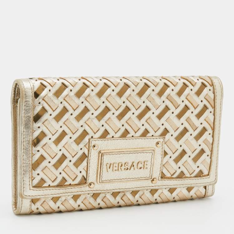 Pre Owned Versace Metallic Gold Woven Leather Flap Wallet On Chain