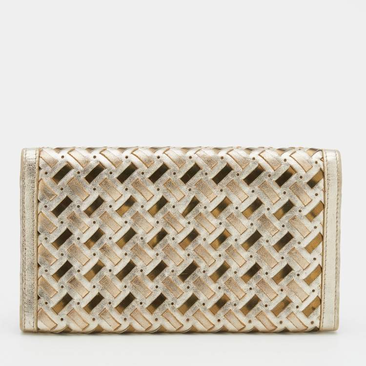 Pre Owned Versace Metallic Gold Woven Leather Flap Wallet On Chain