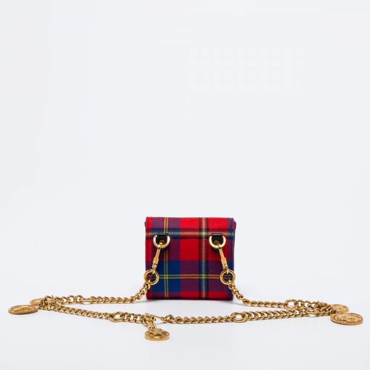 Pre Owned Versace Multicolor Check Fabric Medusa Chain Belt Bag