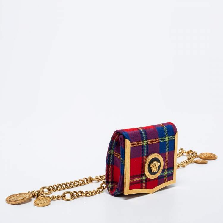 Pre Owned Versace Multicolor Check Fabric Medusa Chain Belt Bag