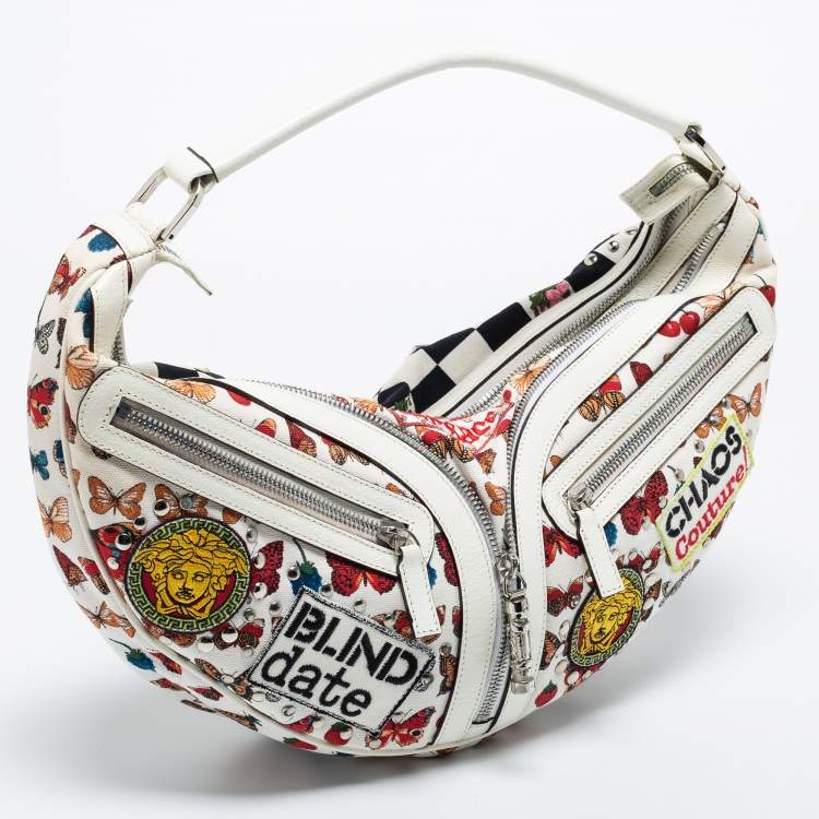 Pre Owned Versace White/Black Printed Canvas,and Leather Shoulder Bag