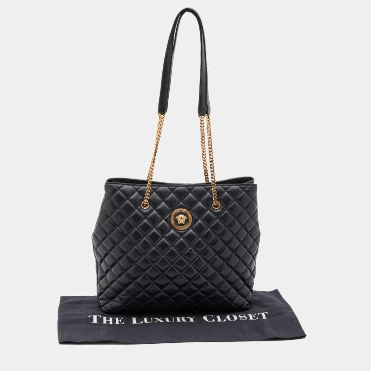 Pre Owned Versace Black Quilted Leather Medusa Tote