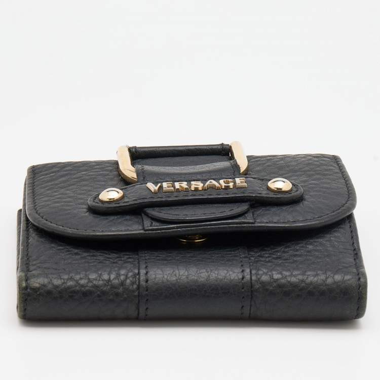 Pre Owned Versace Black Leather French Compact Wallet